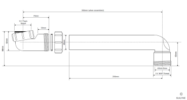 Preview: Technische Zeichnung eines flachen Raumsparbogens in Weiß mit 1 1/2 Zoll Überwurfmutter, Ablauf Bogenlänge ca. 300 mm und Rohr Durchmesser 40 mm für Spülen Anschluss